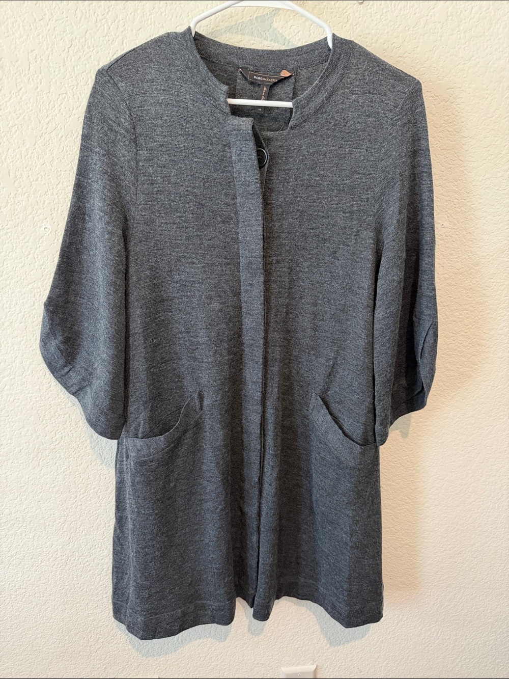 BCBGMAXAZRIA Dark Gray Wool Blend Open-Front Pockets 3/4 Sleeves Cardigan